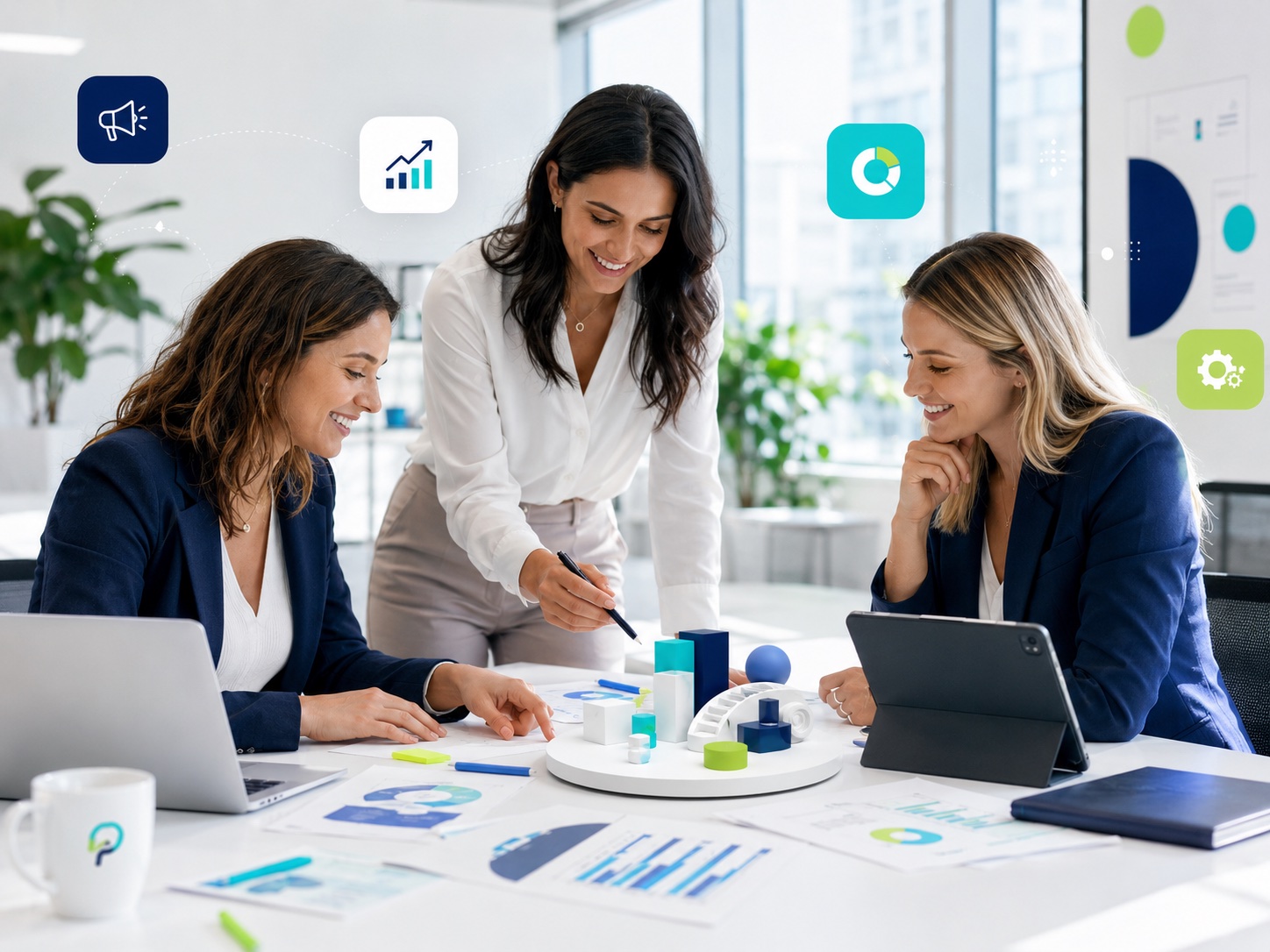 Las tres especialistas de Power Mind colaborando en estrategia, marca y automatización